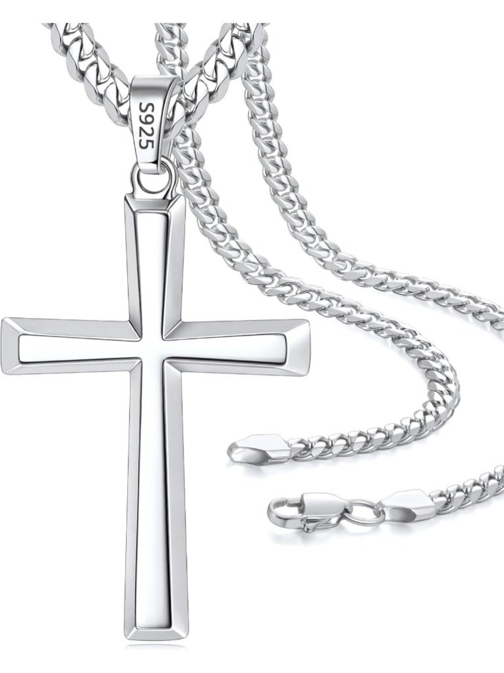 Men's 925 Sterling Silver Cross Pendant Necklace with 5MM Cuban Chain